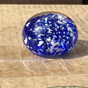 Murano Speckled Blue White Hand Blown Glass Round Paperweight 2”x1.5” Art Glass